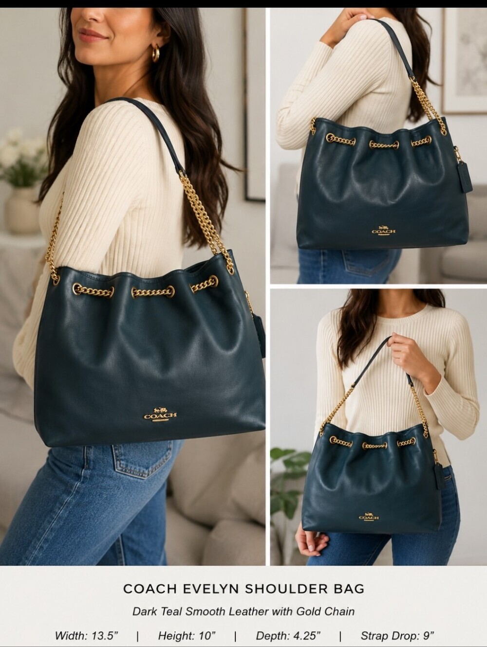 Coach Evelyn Shoulder Bag Dark Teal Smooth Leather Gold Chain- NWT - Picture 13 of 13